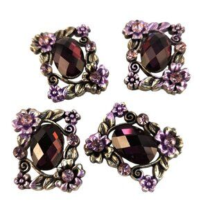 Floral Metal & Purple Gem Design Slider Beads Buckles Set Of 4 Rectangle Shape E